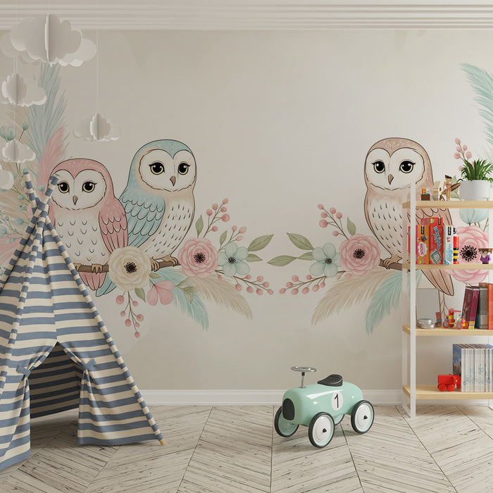 Barntapet | Bedårande ugglor omgivna av pastellblommor