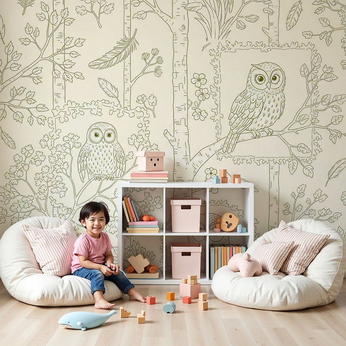 Papel pintado habitación bebé | Búhos encantadores y naturaleza delicada sobre fondo claro