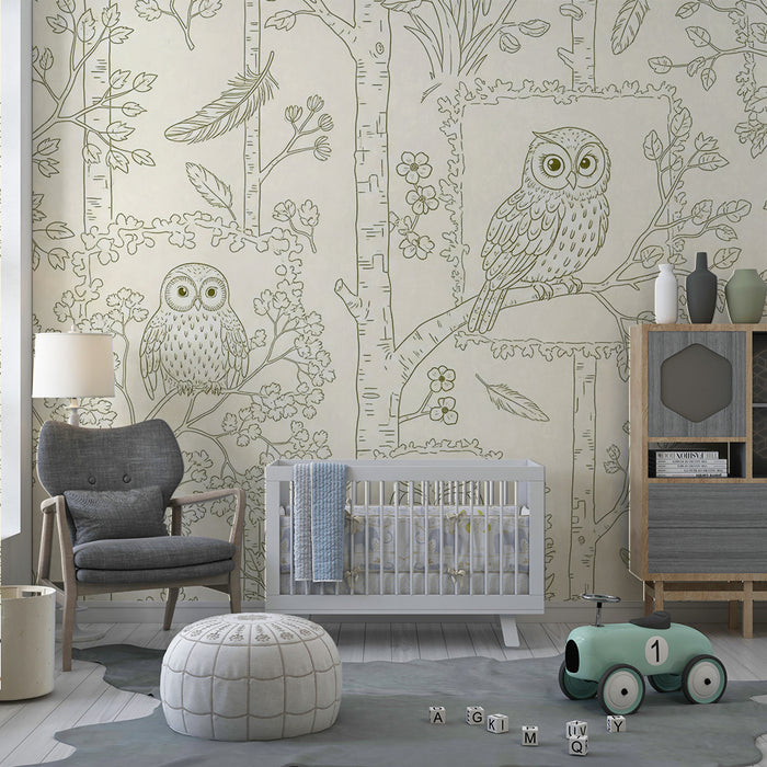Papel pintado habitación bebé | Búhos encantadores y naturaleza delicada sobre fondo claro