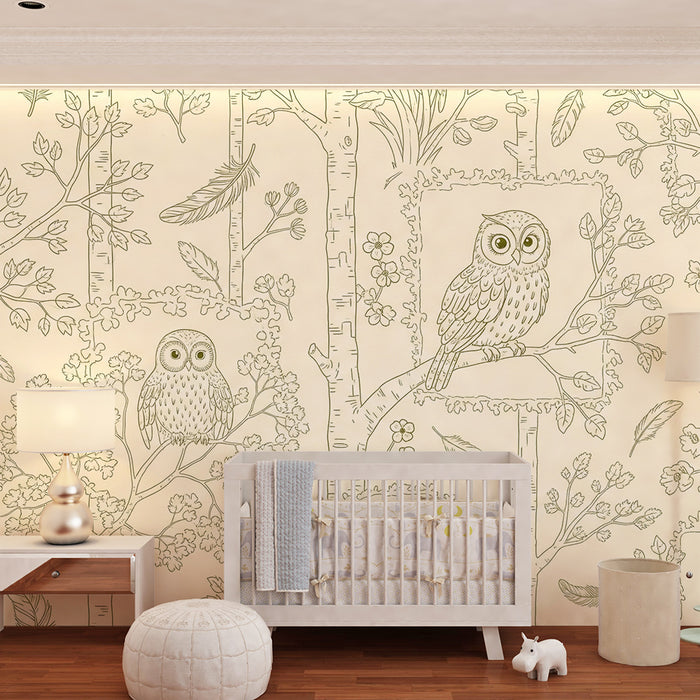 Papel pintado habitación bebé | Búhos encantadores y naturaleza delicada sobre fondo claro