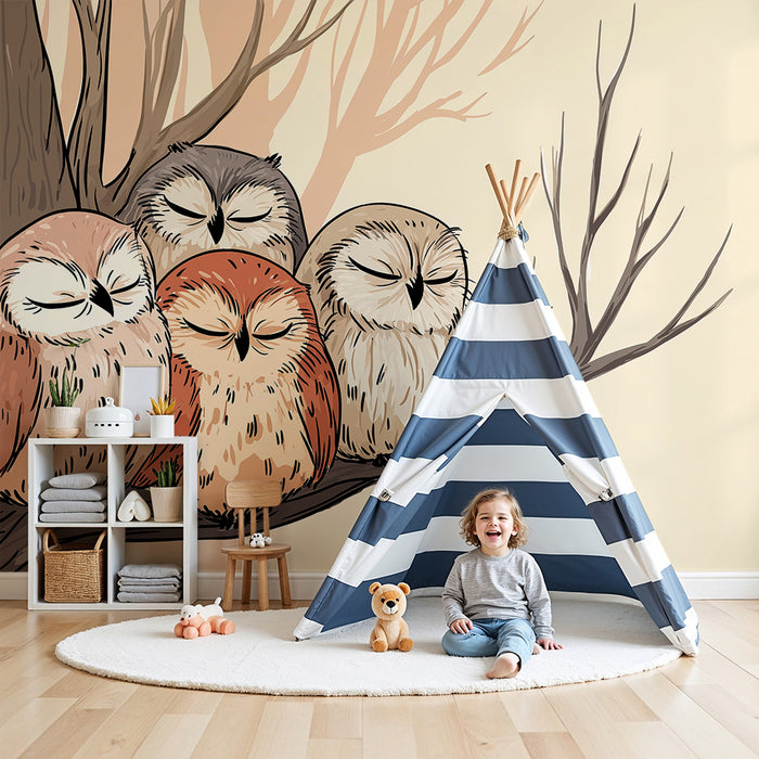 Barntapet | Sovande ugglor på en trädgren