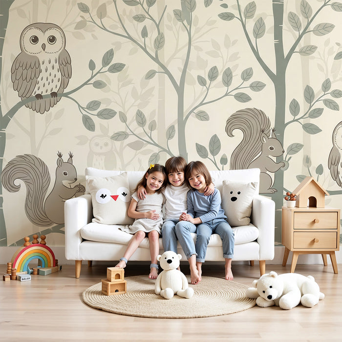Baby room wallpaper | Owls and squirrels in a calming forest