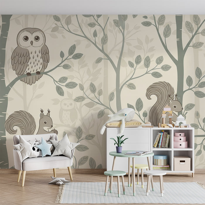 Baby room wallpaper | Owls and squirrels in a calming forest