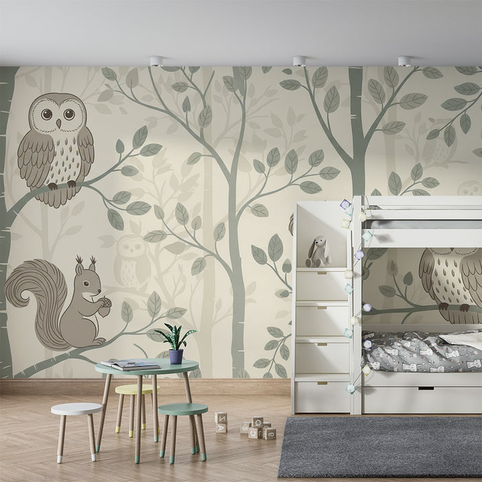 Baby room wallpaper | Owls and squirrels in a calming forest