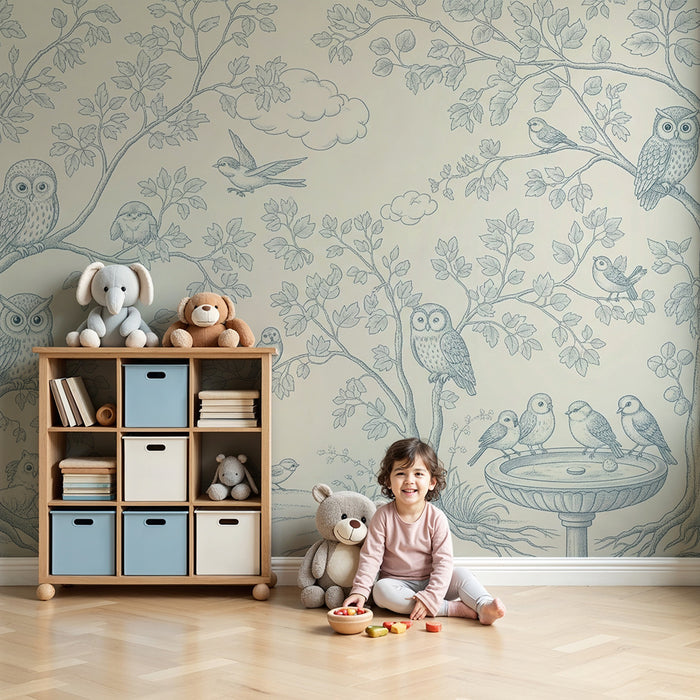 Tapete fürs Babyzimmer | Eulen und Vögel in einem ruhigen Garten