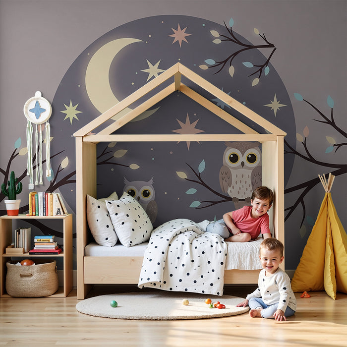 Lastenhuoneen tapetti | Söpöt pöllöt tähtitaivaan alla