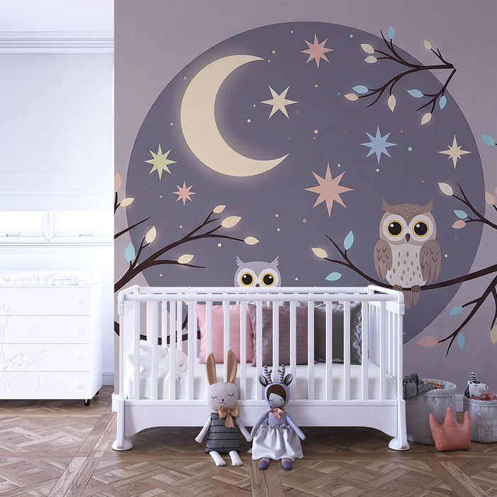 Lastenhuoneen tapetti | Söpöt pöllöt tähtitaivaan alla