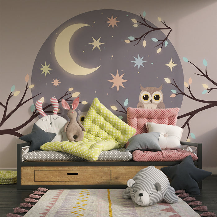 Lastenhuoneen tapetti | Söpöt pöllöt tähtitaivaan alla