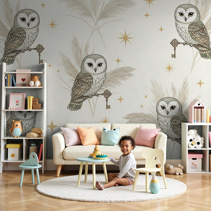 Barntapet | Visa ugglor och gyllene stjärnor på mjuk bakgrund