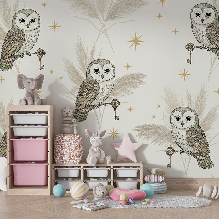 Barntapet | Visa ugglor och gyllene stjärnor på mjuk bakgrund