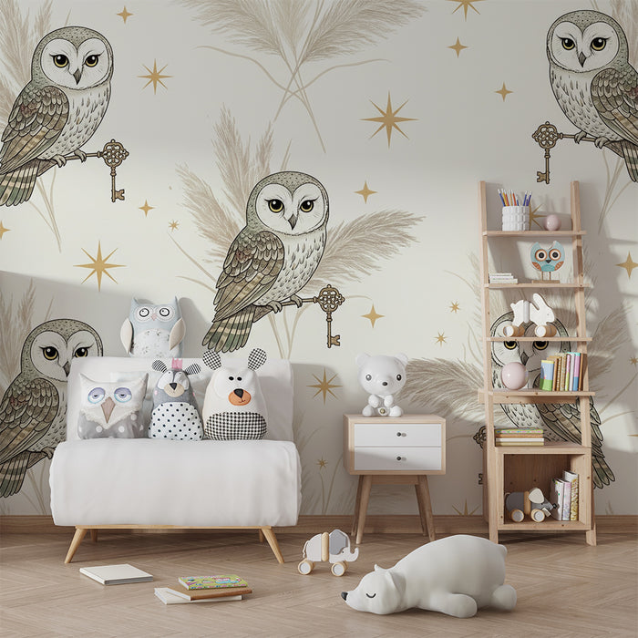Barntapet | Visa ugglor och gyllene stjärnor på mjuk bakgrund