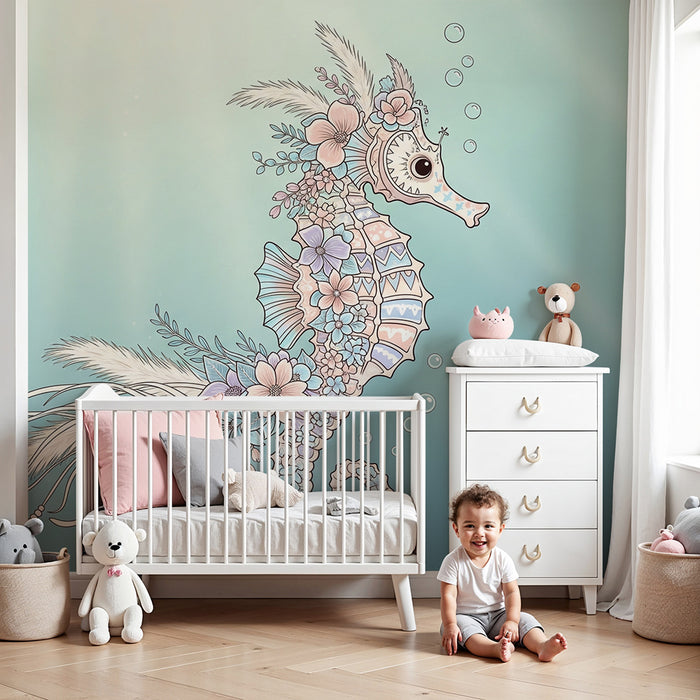 Paberi tapeet beebi tuba | Värvikas merihobune ümbritsetud merealustest lilledest