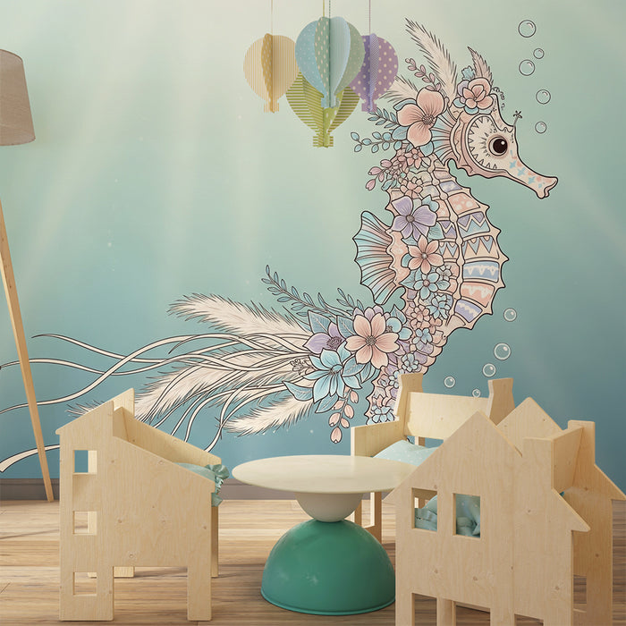 Paberi tapeet beebi tuba | Värvikas merihobune ümbritsetud merealustest lilledest