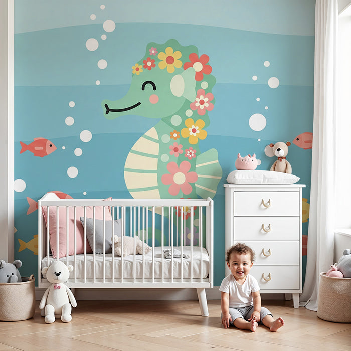 Papel de parede para quarto de bebé | Cavalo-marinho colorido e peixes num mundo aquático