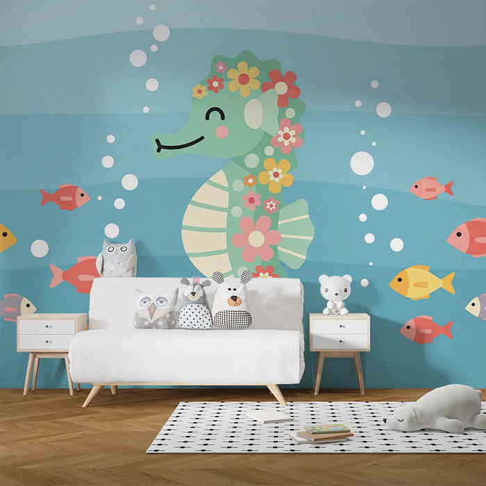 Papel de parede para quarto de bebé | Cavalo-marinho colorido e peixes num mundo aquático