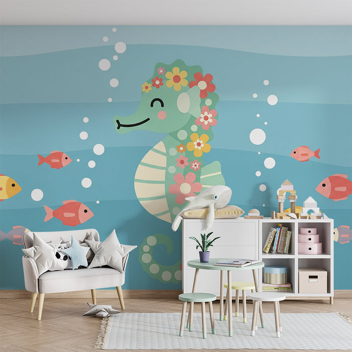 Papel de parede para quarto de bebé | Cavalo-marinho colorido e peixes num mundo aquático