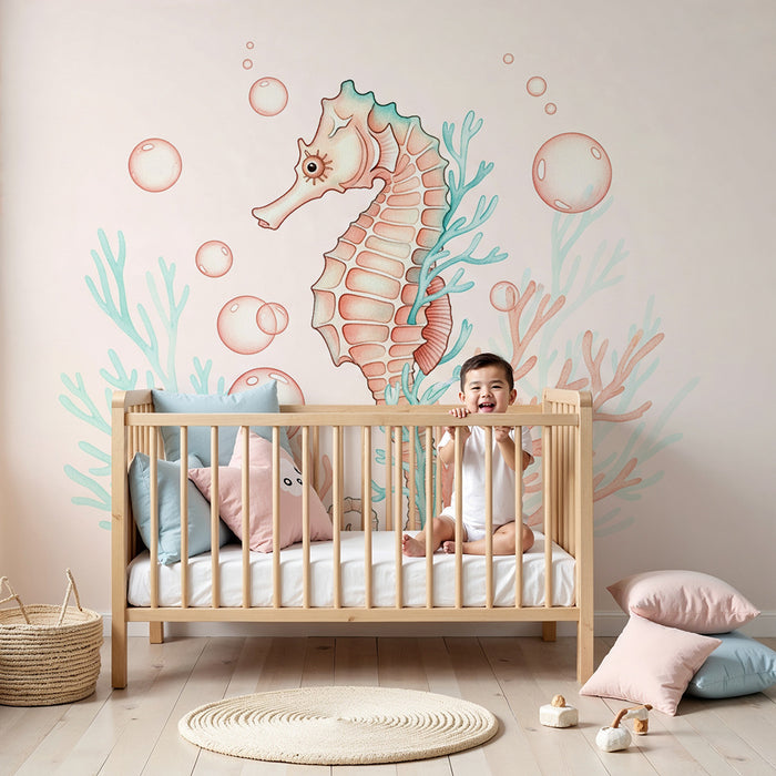 Papier peint chambre bébé | Hippocampe et corail avec bulles d'eau