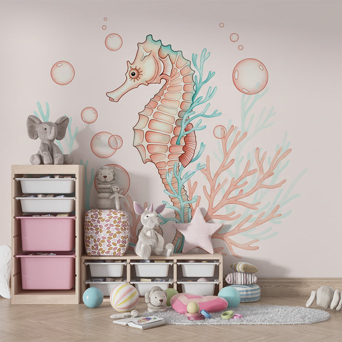 Papier peint chambre bébé | Hippocampe et corail avec bulles d'eau