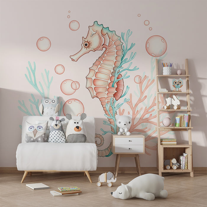 Papier peint chambre bébé | Hippocampe et corail avec bulles d'eau