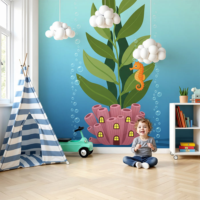 Papel de parede para quarto de bebé | Cavalo-marinho e coral subaquático com folhagem aquática