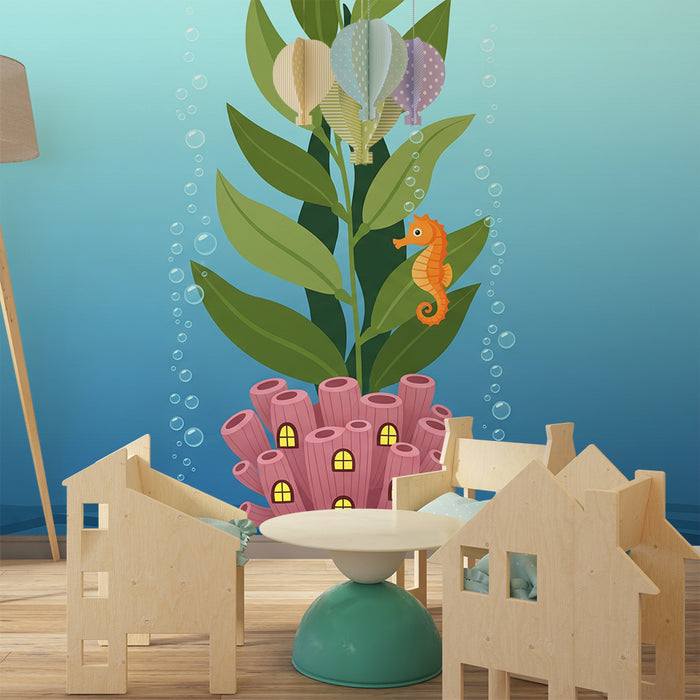 Papel de parede para quarto de bebé | Cavalo-marinho e coral subaquático com folhagem aquática