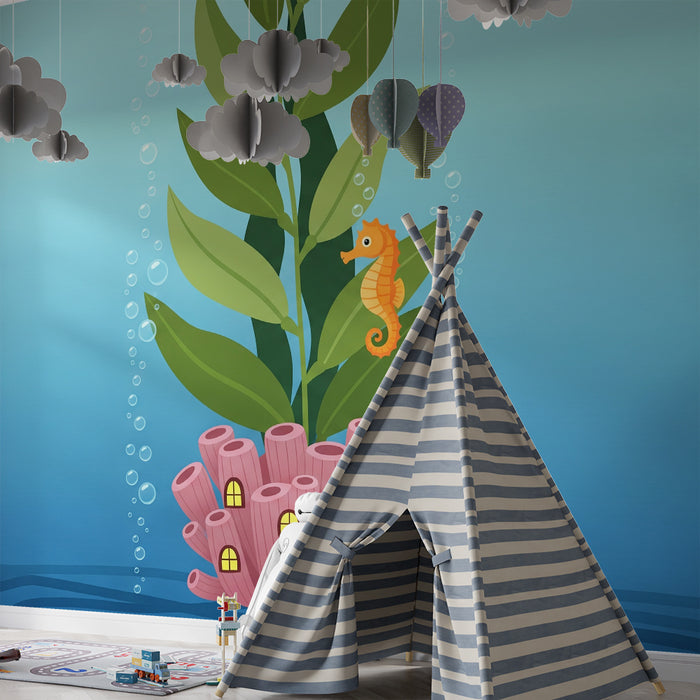Papel de parede para quarto de bebé | Cavalo-marinho e coral subaquático com folhagem aquática
