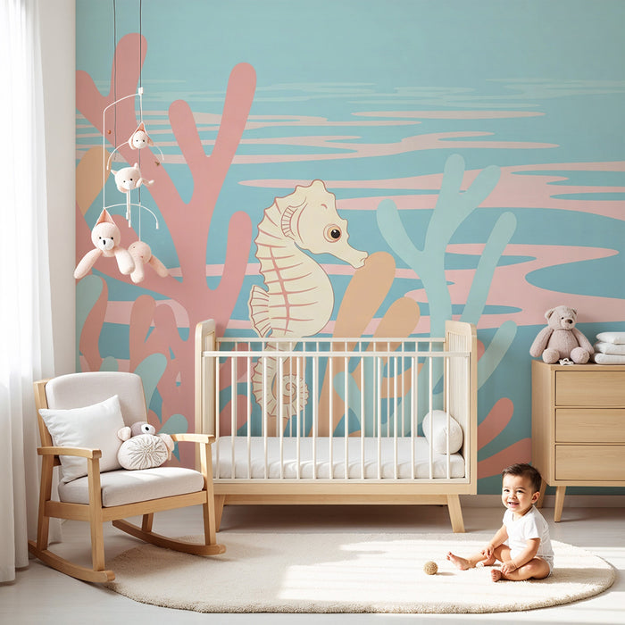 Lastenhuoneen tapetti | Värikkäät hippocampus ja korallit rauhoittavassa merimaailmassa
