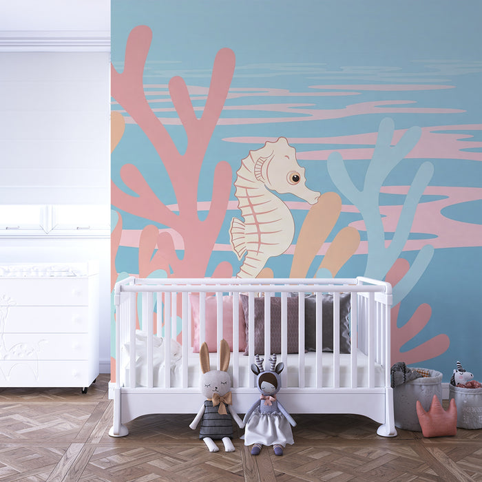 Lastenhuoneen tapetti | Värikkäät hippocampus ja korallit rauhoittavassa merimaailmassa