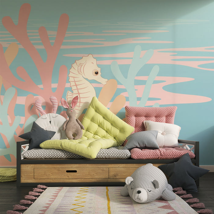 Lastenhuoneen tapetti | Värikkäät hippocampus ja korallit rauhoittavassa merimaailmassa