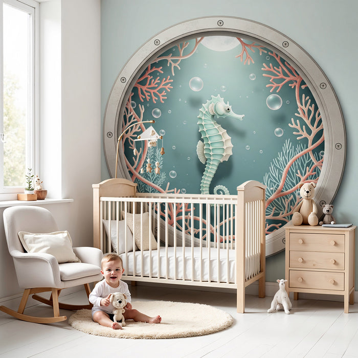 Papier peint chambre bébé | Hippocampe et coraux dans un hublot sous-marin