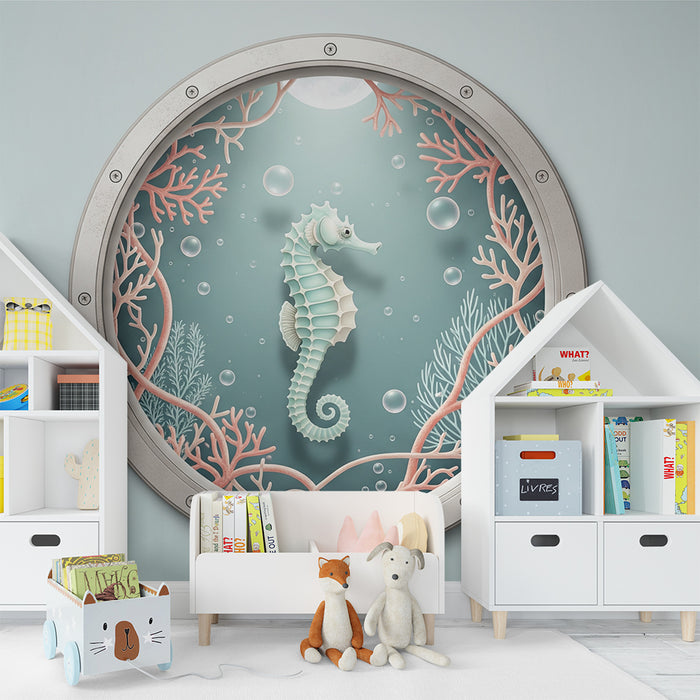 Papier peint chambre bébé | Hippocampe et coraux dans un hublot sous-marin
