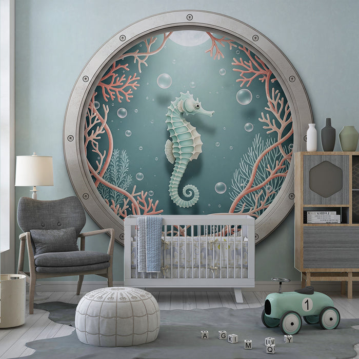 Papier peint chambre bébé | Hippocampe et coraux dans un hublot sous-marin