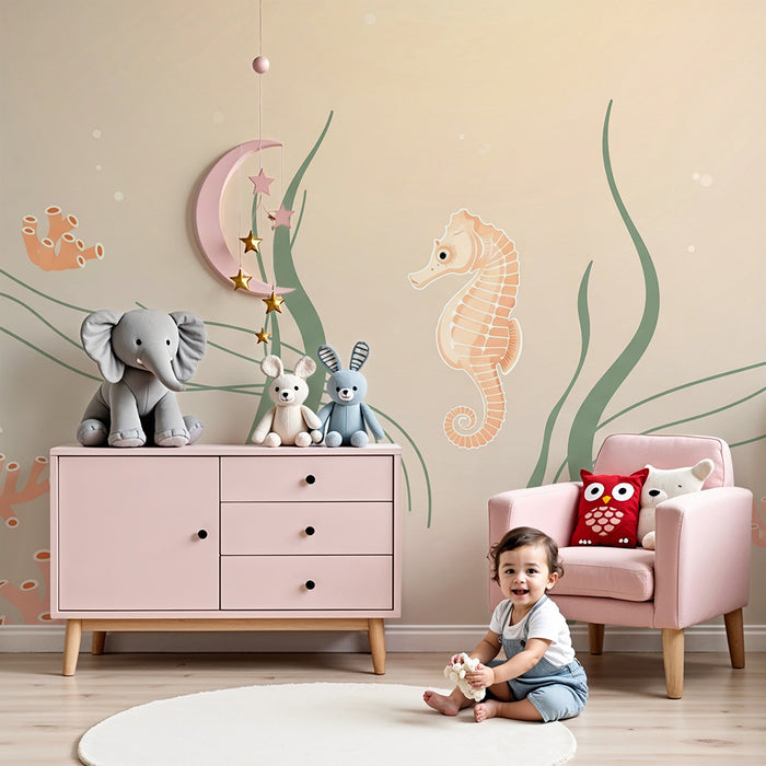 Nursery room wallpaper | Seahorse and corals in a soothing marine universe