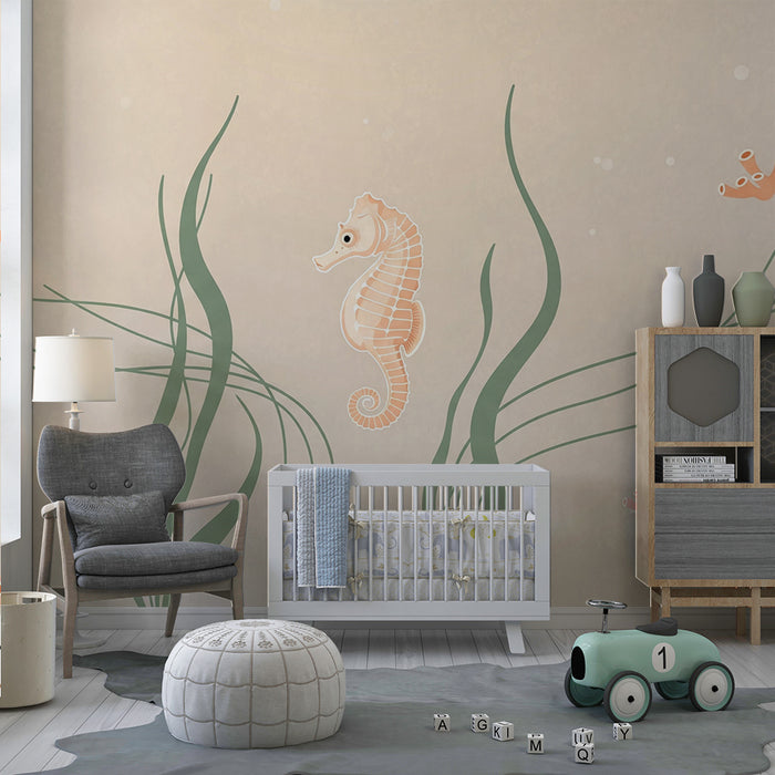 Nursery room wallpaper | Seahorse and corals in a soothing marine universe