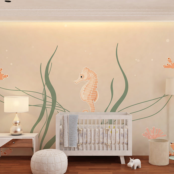 Nursery room wallpaper | Seahorse and corals in a soothing marine universe