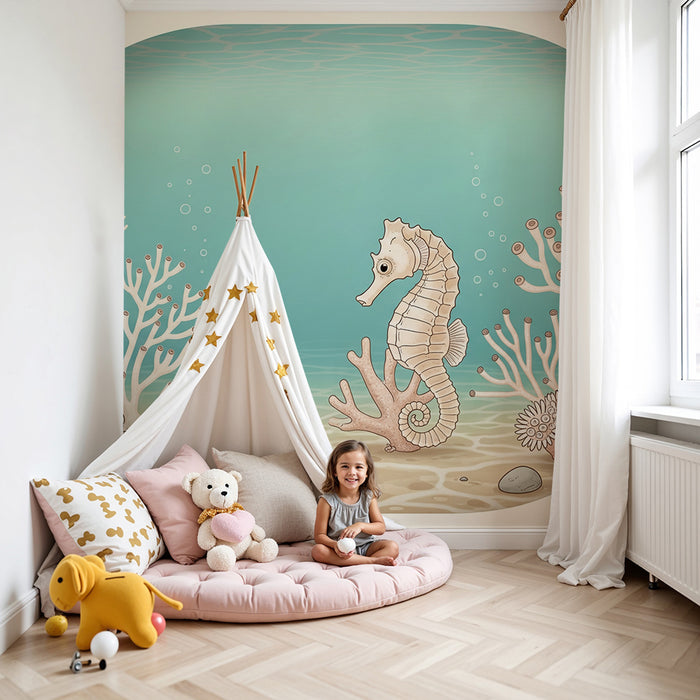 Behang babykamer | Zeepaardje en koraal in een rustgevende onderwaterwereld