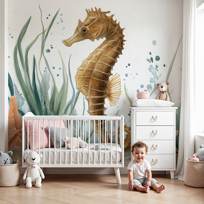 Nursery room wallpaper | Seahorse and starfish in a soothing aquatic decor