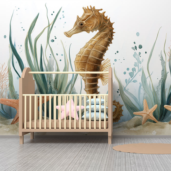 Nursery room wallpaper | Seahorse and starfish in a soothing aquatic decor