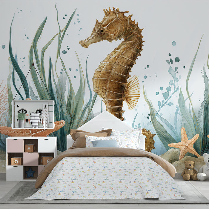 Nursery room wallpaper | Seahorse and starfish in a soothing aquatic decor