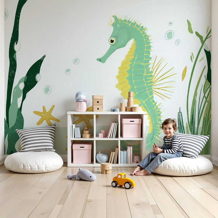 Papier peint chambre bébé | Hippocampe et étoiles de mer dans un univers marin apaisant