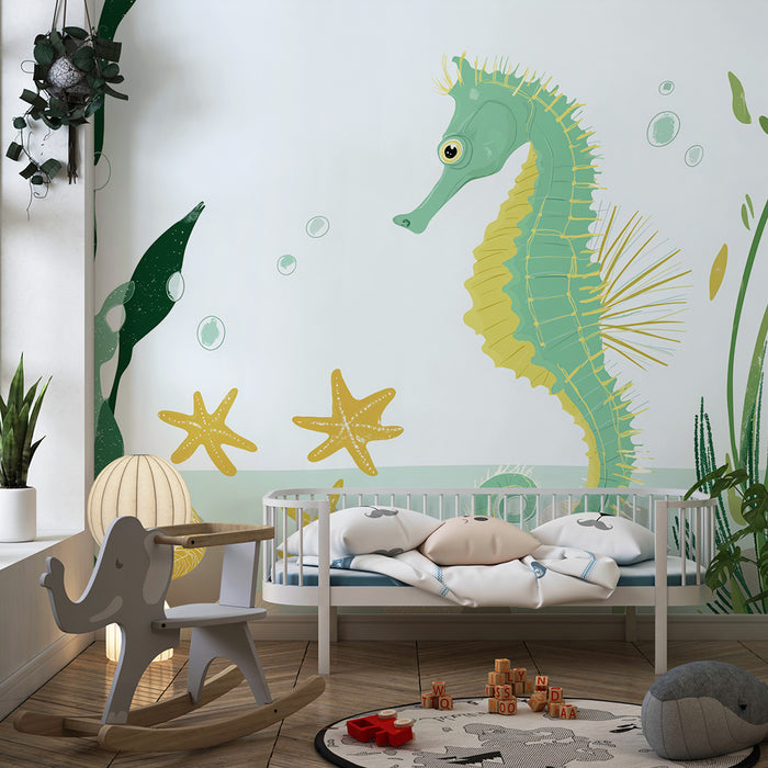 Papier peint chambre bébé | Hippocampe et étoiles de mer dans un univers marin apaisant