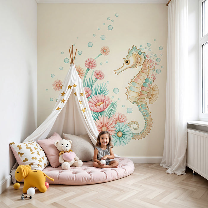 Papier peint chambre bébé | Hippocampe et fleurs sous-marines dans des teintes douces