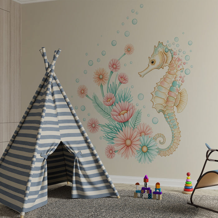 Papier peint chambre bébé | Hippocampe et fleurs sous-marines dans des teintes douces