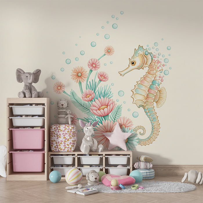 Papier peint chambre bébé | Hippocampe et fleurs sous-marines dans des teintes douces