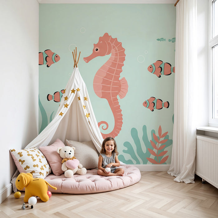 **Tapet till babyrummet | Sjöhästar och clownfiskar i ett lugnande havstema**