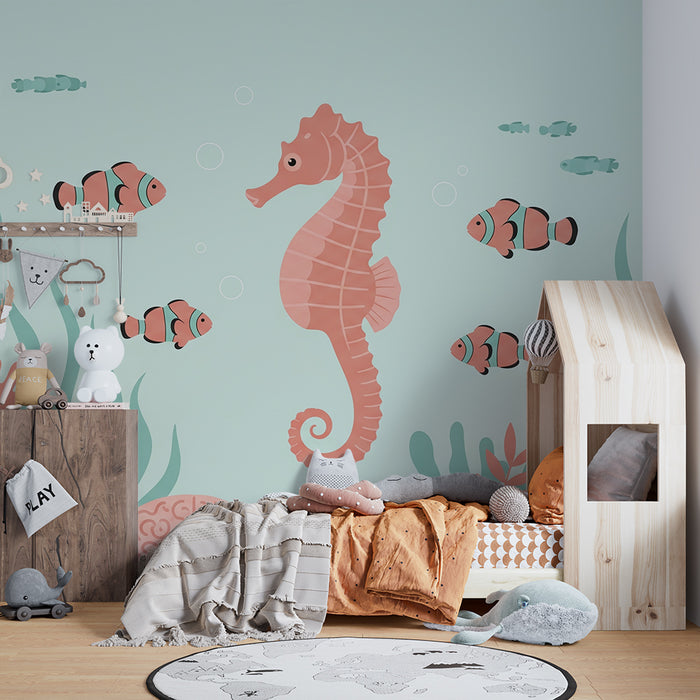 **Tapet till babyrummet | Sjöhästar och clownfiskar i ett lugnande havstema**