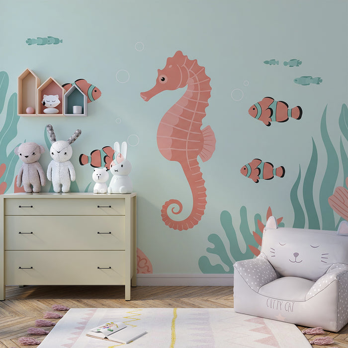**Tapet till babyrummet | Sjöhästar och clownfiskar i ett lugnande havstema**