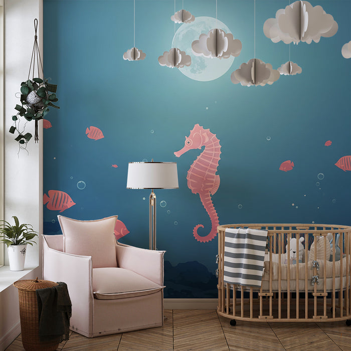 Papel de parede para quarto de bebé | Cavalos-marinhos e peixes coloridos num oceano tranquilo
