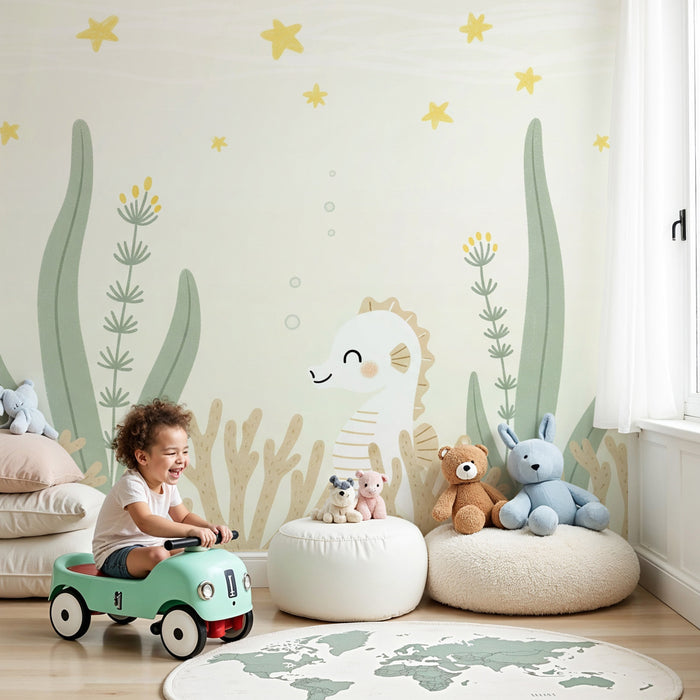Carta da parati bambini | Ippocampo felice in mezzo ai coralli