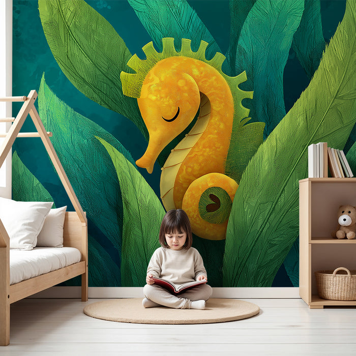 Papier peint chambre bébé | Hippocampe joyeux parmi les algues marines